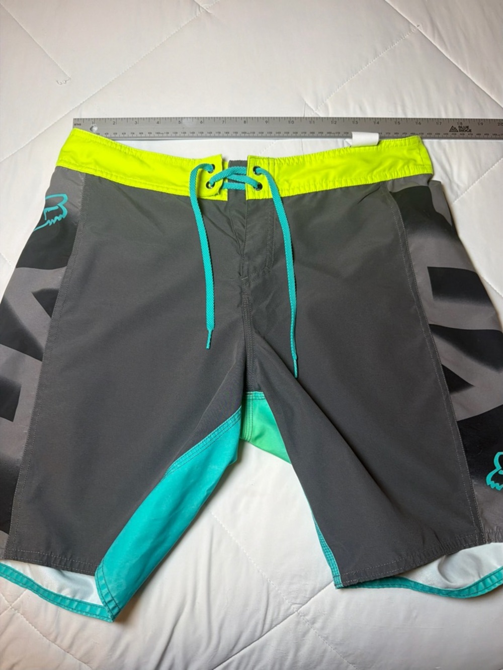 Fox Men's Gray Swim Board Shorts with Teal and Neon Yellow Accents size 32 - Picture 4 of 8